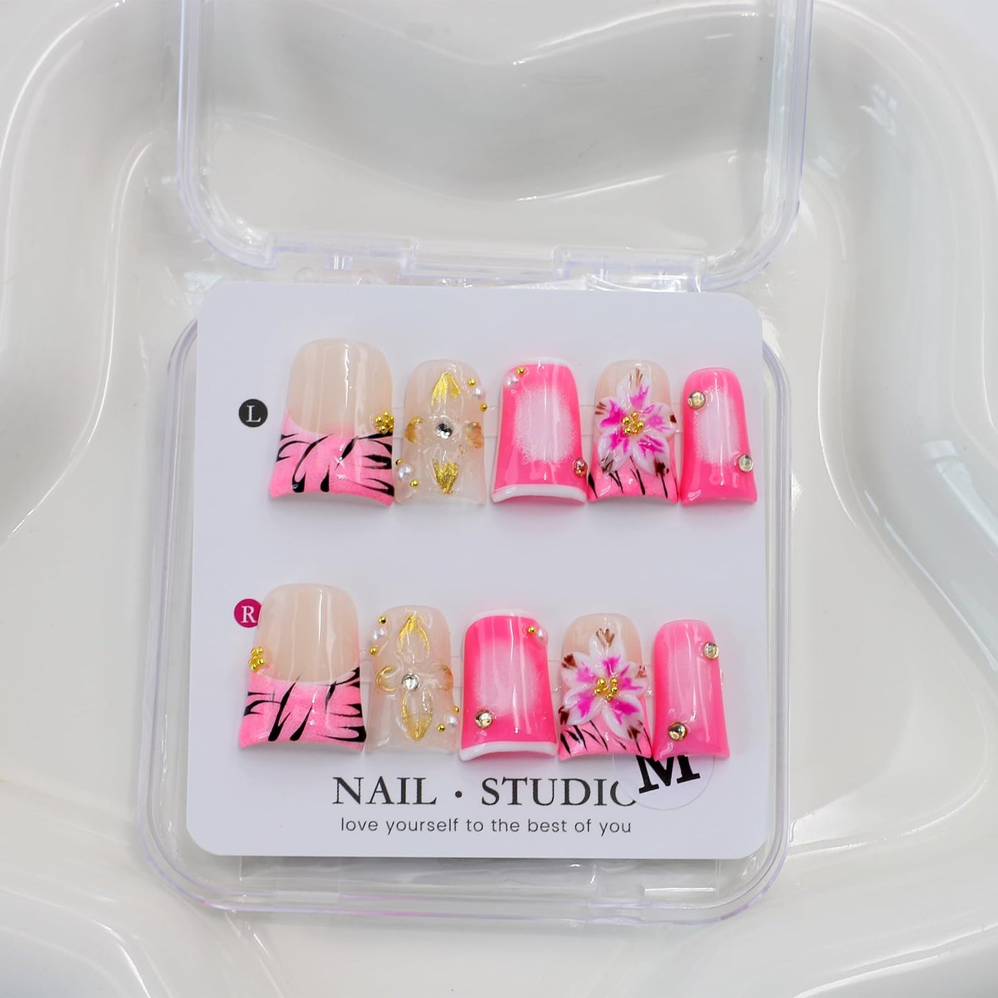 10Pcs Pink French Tip Press on Nails Handmade Short Fake Nails Duck False Nails with 3D Flower Rhinestone Design Full Cover Acrylic Nails Press ons Handmade Flower Glue on Nail for Women (S)