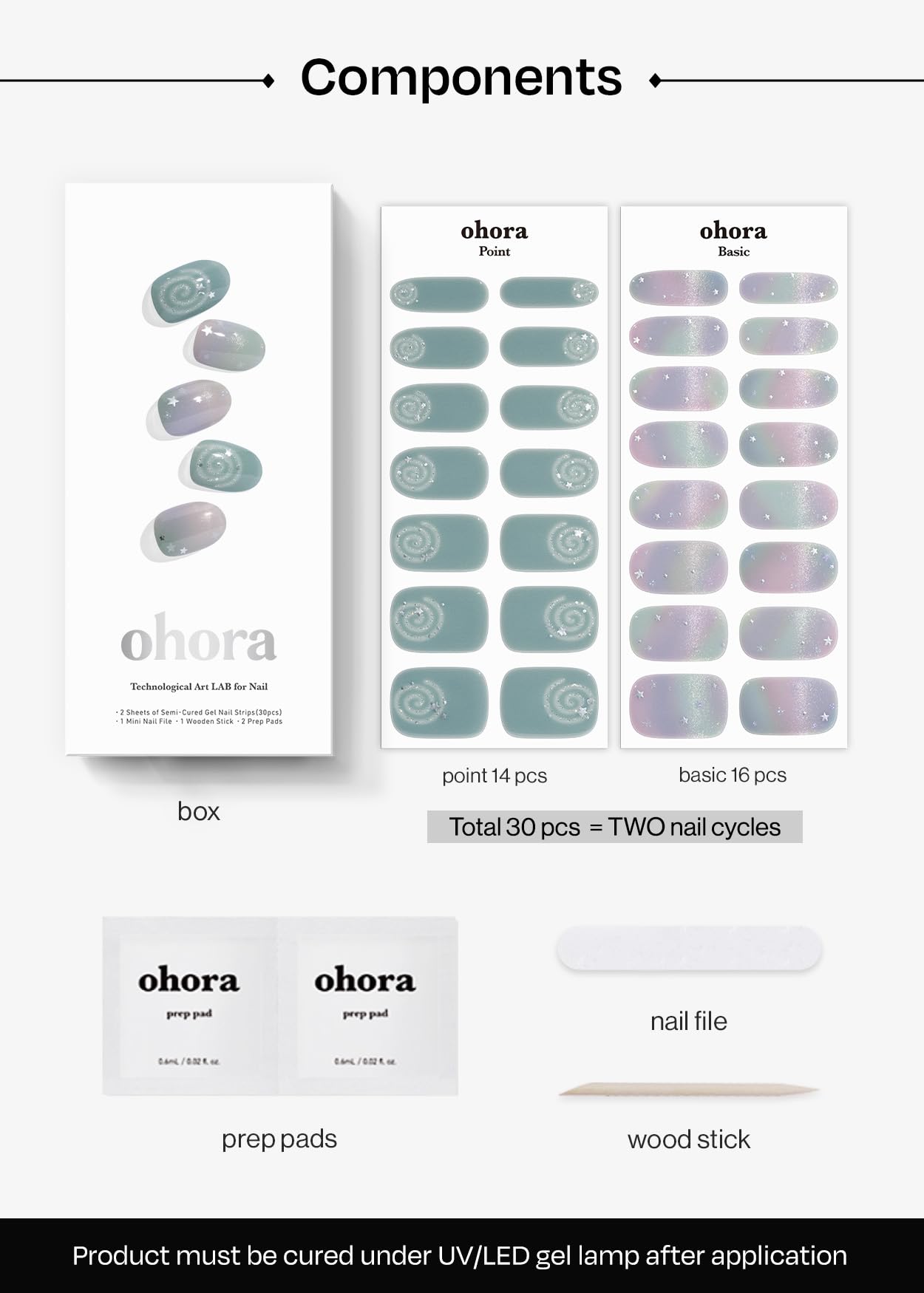 ohora Semi Cured Gel Nail Strips (N Milky Swirl) - Works with Any Lamps, Salon-Quality, Long Lasting, Easy to Apply & Remove - Includes 2 Prep Pads, Nail File & Wooden Stick