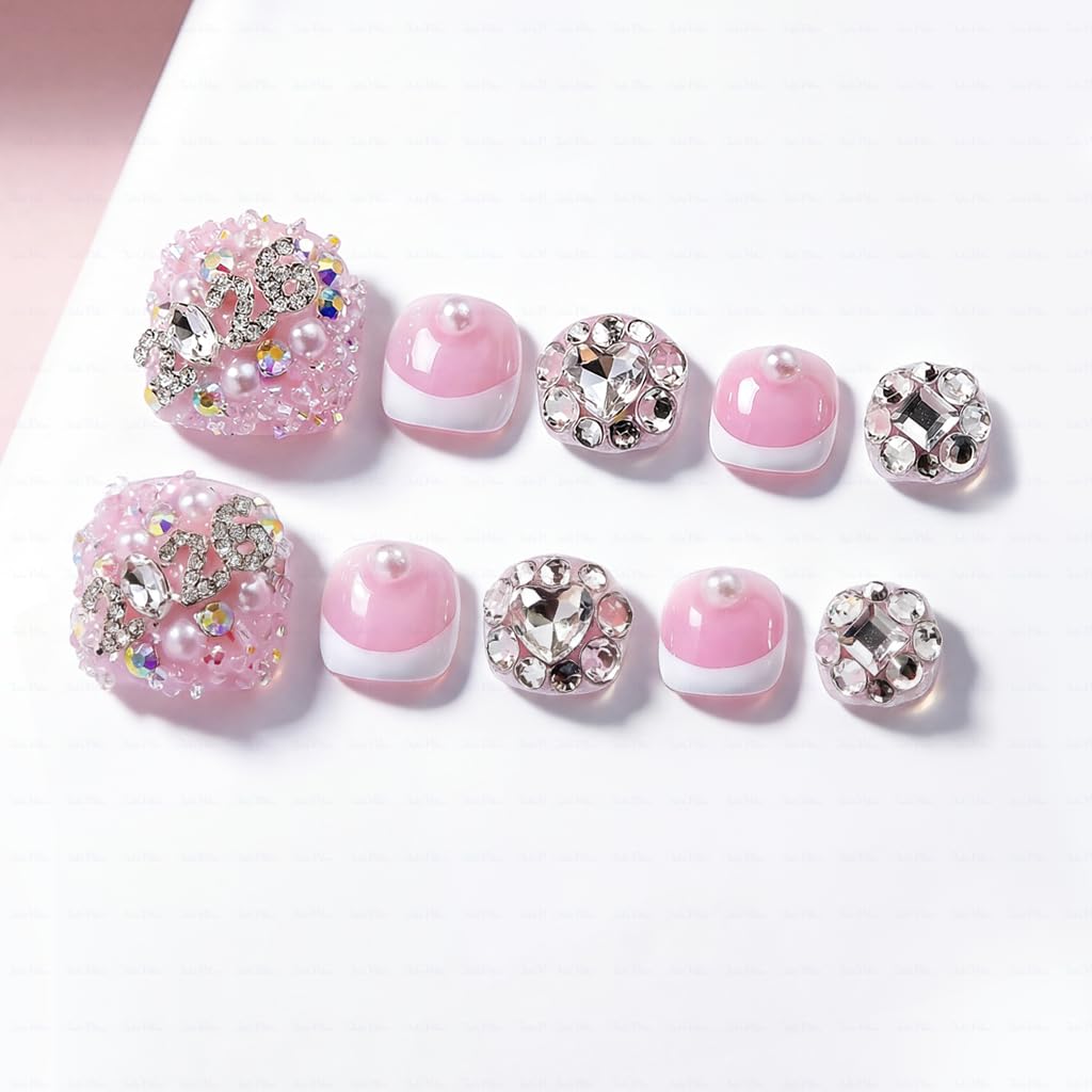 IntoVibes 10 Pieces Handmade Luxury Press On Toenails With Bling Rhinestones And 2026 3D Decoration, Full Cover, Press On Nails Stick On Toe Nails For Women Manicure, Acrylic Fake Toe Nails(L)