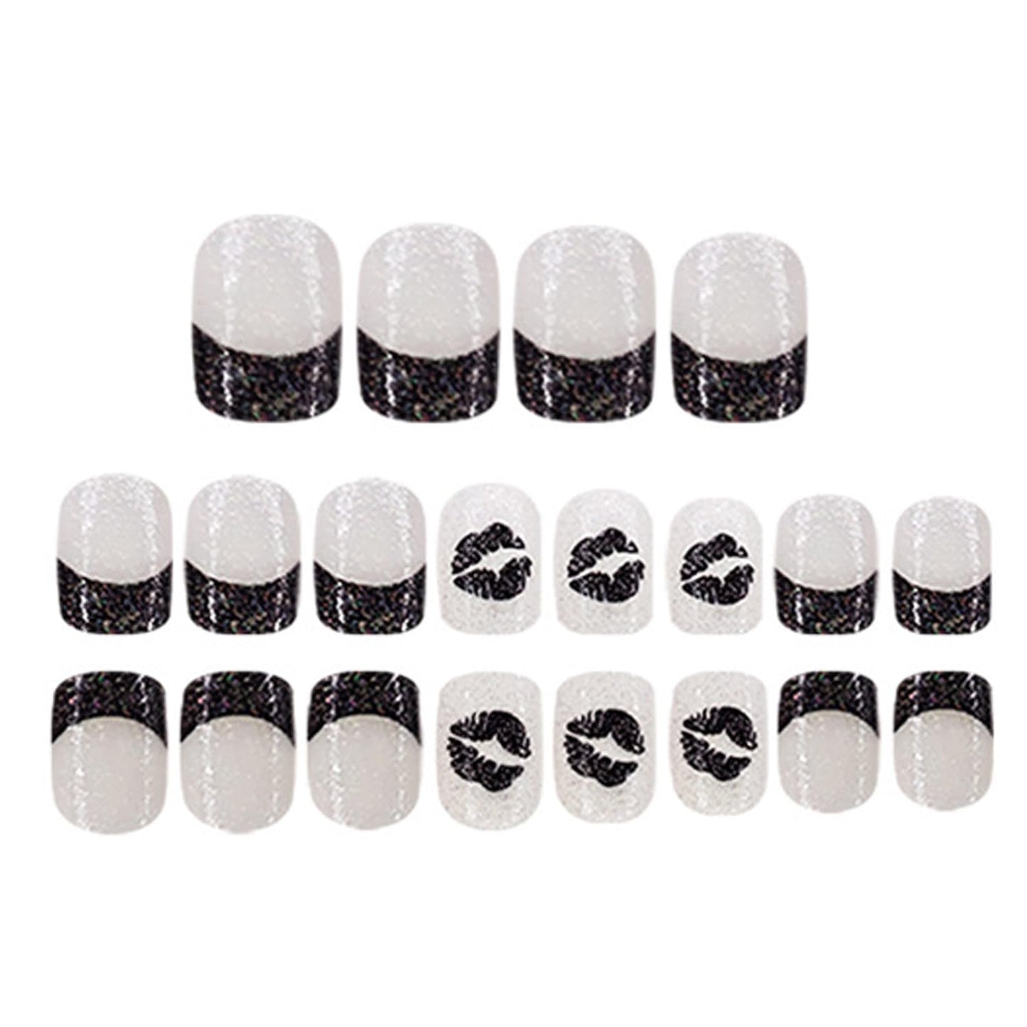 French Tip Press on Nails Short Square - French Black Lip Print Fine Glitter Designs Sparkling Short Fake Nails Acrylic Stick on Nails Artificial False Nails Valentine's Day for Women French Nails