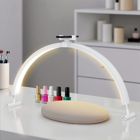 Mznoo Half Moon Light for Nail Desk, 30'' Large Half Moon Desk Lamp with Phone Holder, Professional Nail Tech Light with 3 Color Modes and 5 Brightness for Manicure Salon and Handicraft (White)