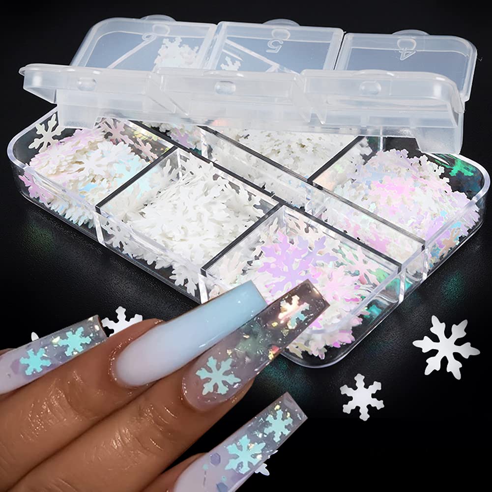 6 Grids 3D Snowflake Winter Nail Sequins - Snow Flakes Nail Glitter Christmas Snowflakes Designs Manicure, Xmas Nail Art Stickers for Winter, Nail Stickers for Christmas Party Accessories Decorations