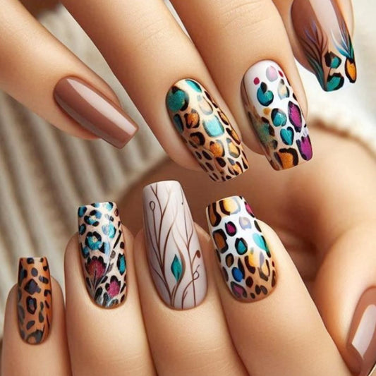 Colorful Leopard Print Press-On Nails Rectangular False Nails with Leopard Feather Pattern Glossy Colored Full Cover Nails Reusable Autumn and Winter False Nails Women's Nail Art Decoration 24 Pieces