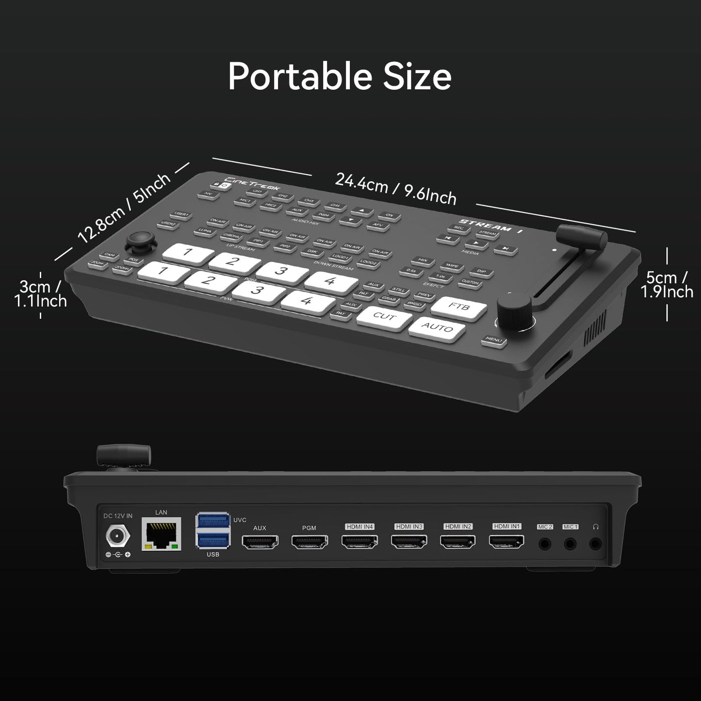 CINETREAK Stream 1 Live Streaming Switcher 4 HDMI & AUX Inputs, PTZ Control Dual RTMP Streaming Chroma/Luma Key Recording & Playback and Landscape & Portrait Livestreaming（NDI Updatable）