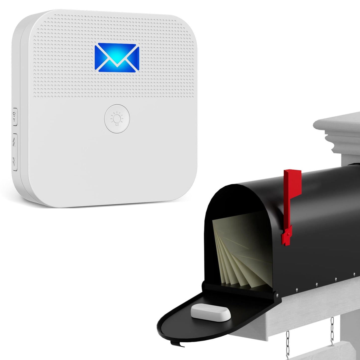 Mailbox Alarm, Wireless Long Range Mailbox Alert, Mailbox Chime Notification System 600 ft Long Range LED Light Flashing and Sound Reminderser Station for Delivered Mail