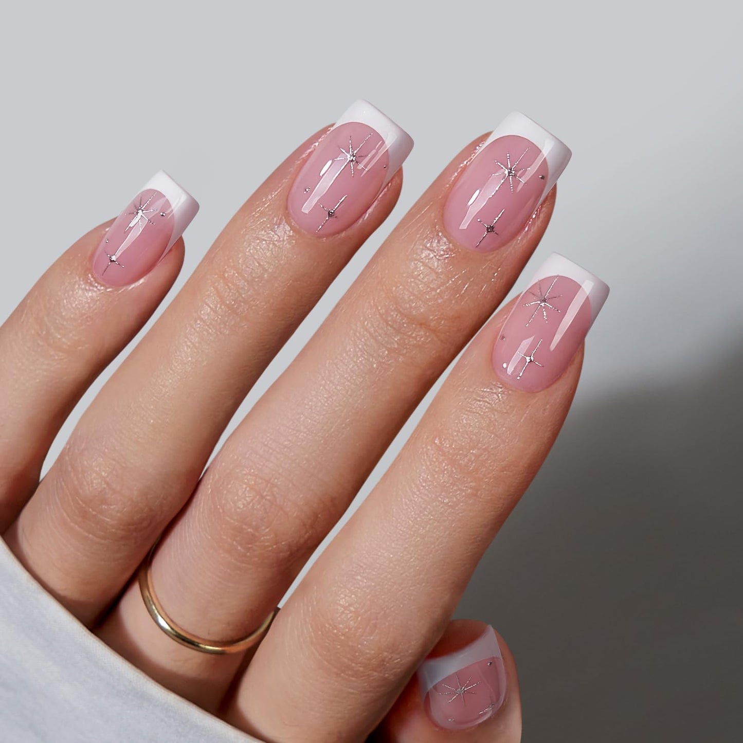 BTArtbox French Tip Press On Nails - Pink Short Press On Nails with Stars, Soft Gel Glue On Nails with Nail Glue in 16 Sizes, 32 Stick on Nails Kit, Starlit Sparkle
