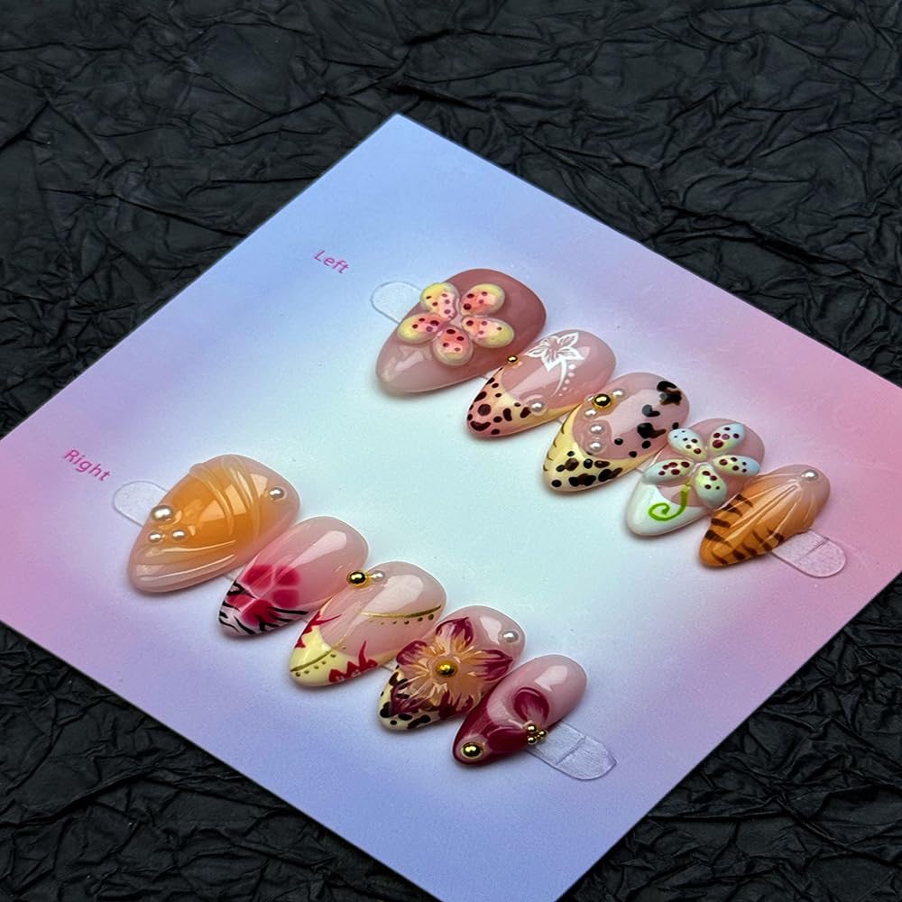 100% Handmade Press on Nails Medium Almond Handmade Nails with Yellow Flower Design Pearl Rhinestones Fake Nails Glossy Ombre Nail Press ons Reusable Spring Summer Acrylic Nails for Women Size L 10Pcs