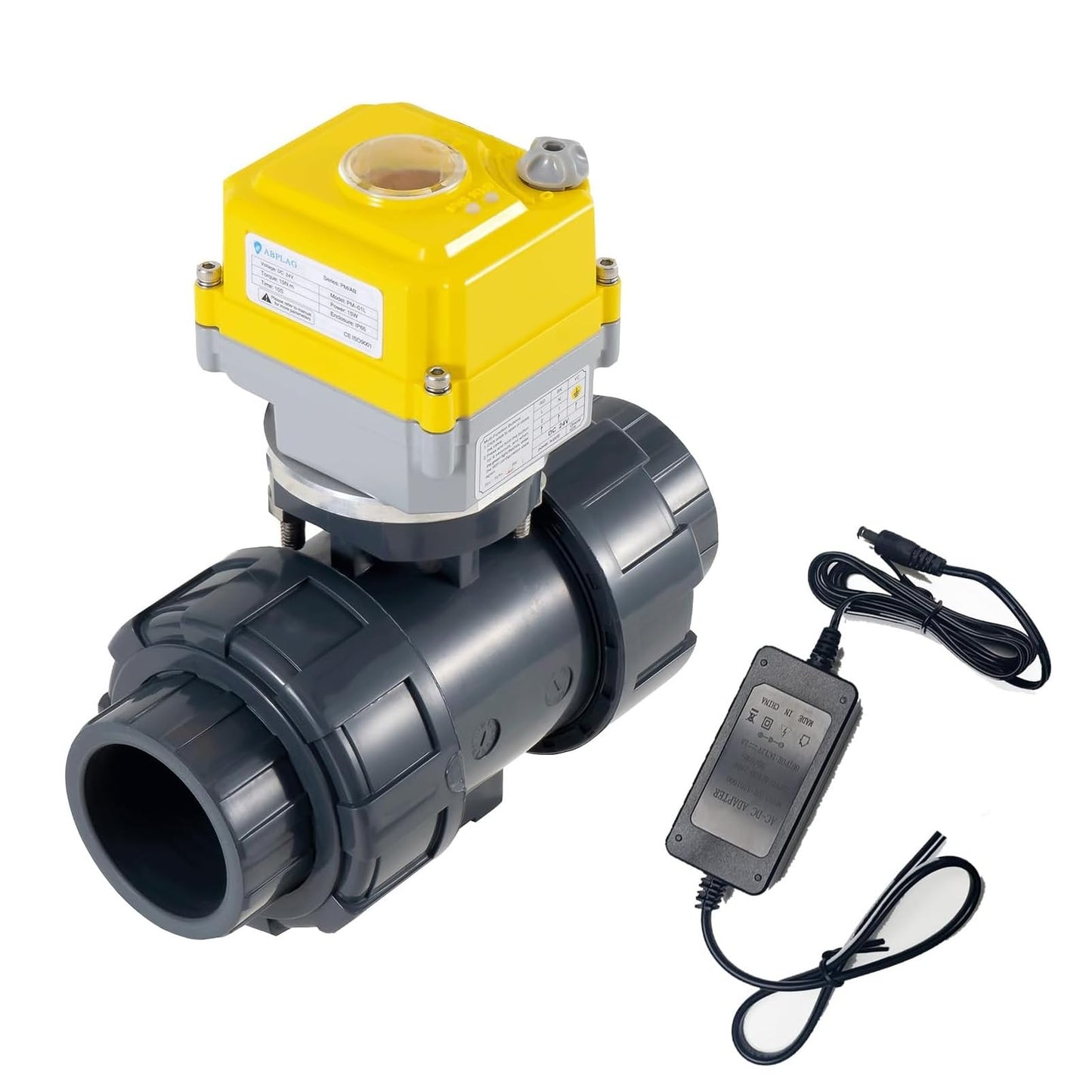 Electric ball valve 1/2 inch full bore 2-way PVC union ball valve, DC24V AC110V-230V power adapter and automatic return setting. Normally closed electric water valve DN40MM