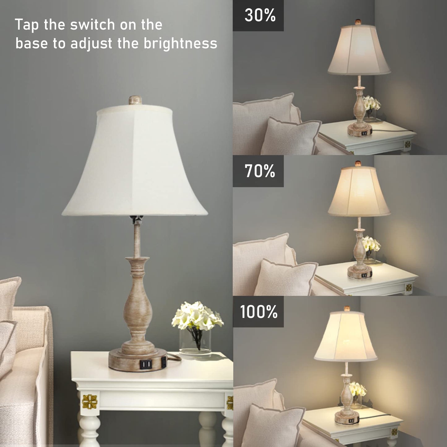 LALISU Farmhouse Table Lamp Touch Control 3-Way Dimmable Table Lamp, Modern Nightstand Lamp with 2 USB Port Bedside Desk Lamp with Fabric Shade for Living Room Bedroom Hotel (Pack 1-Beige Shade)