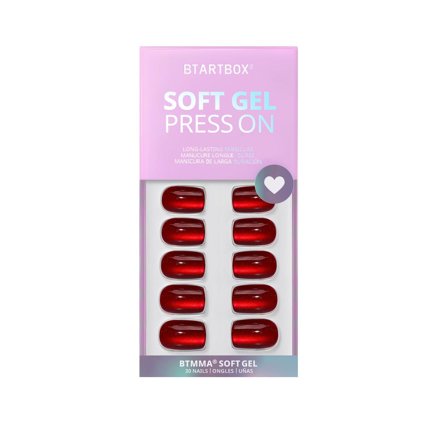 BTArtbox Press On Nails Red - Cat Eye Press On Nails Square for Gifts,Cherry Short Stick On Nails with Glue, Glossy Reusable Nail Tips in 16 Sizes - 32 Soft Gel Fake Nails Kit, Hot Love