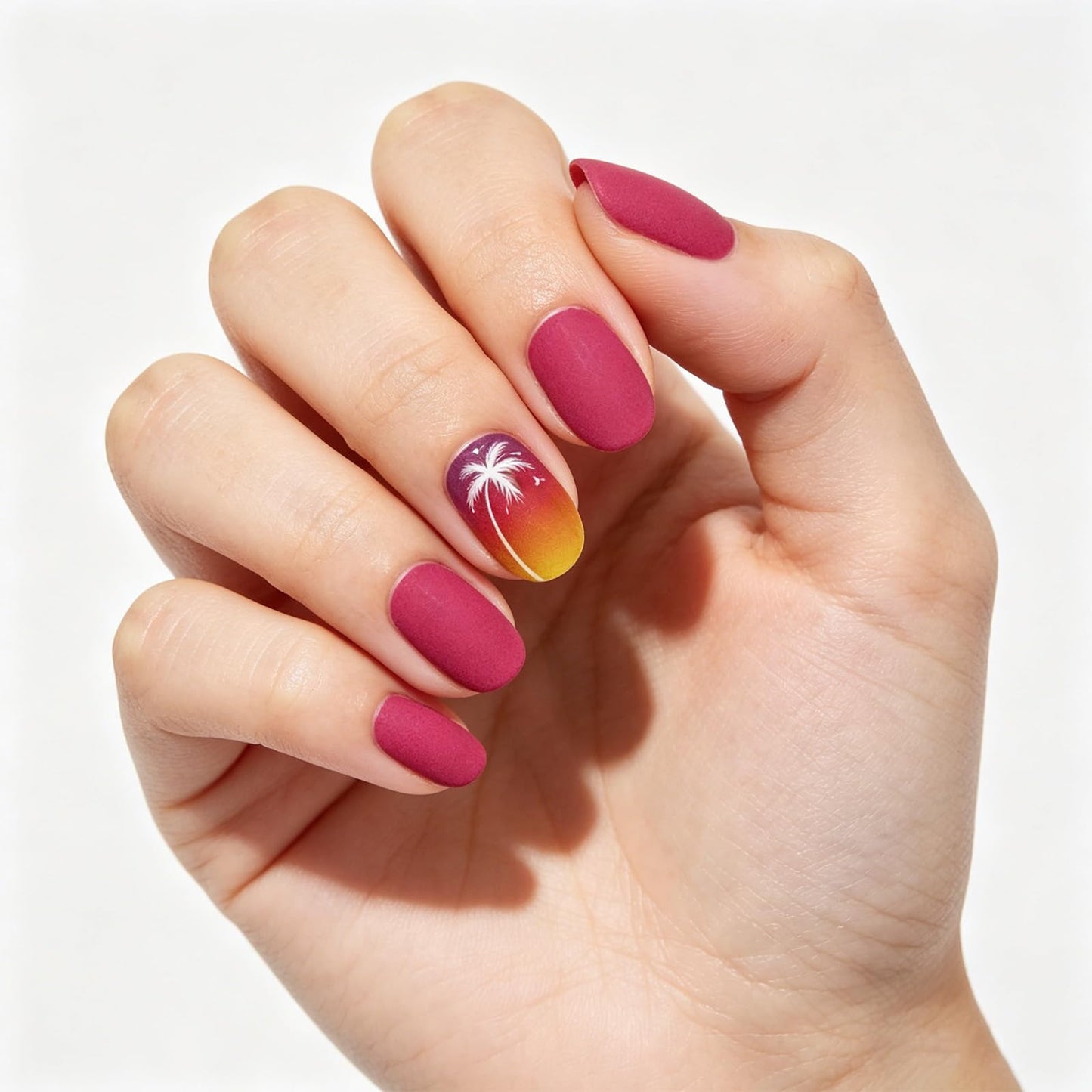 Palm Tree Press on Nails With Sunset Ocean Design, Medium Oval False Nails, Matte Pink Ombre Fake Nail Coconut Glue on Nail, Beach Stick on Reusable Acrylic Fingernails for Women Summer Daily Wear