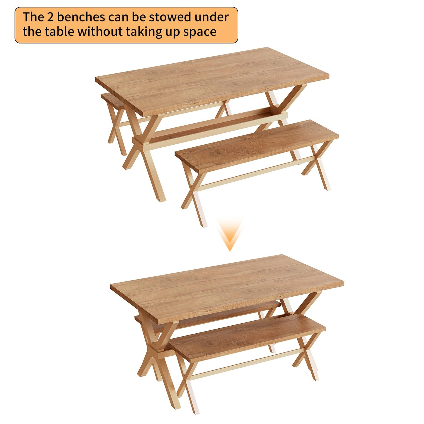 HIPIHOM 63" Dining Table Set with 2 Dining Benches for 4, Scratch Resistance MDF Kitchen Table with Sturdy Metal Legs, Small Dining Table Sets for 4 for Family Gatherings