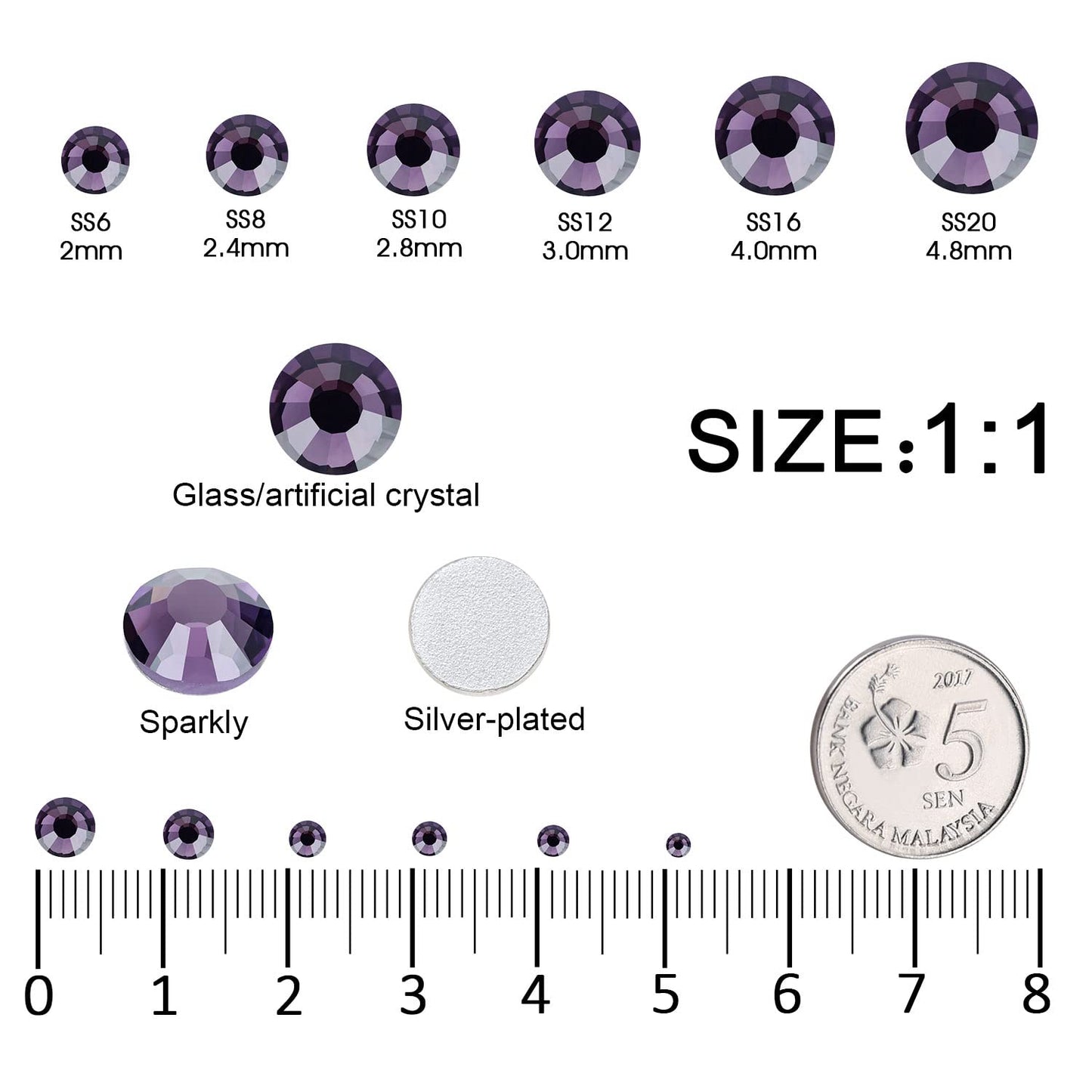 Meibite Purple Glass Flatback Rhinestones for Nails, Crafts & Clothes – 4240PCS 6 Sizes (SS6–SS20) Crystal Gems Kit with Tweezers & Picker, Non Hotfix DIY Rhinestones for Tumblers, Shoes, Nail Art