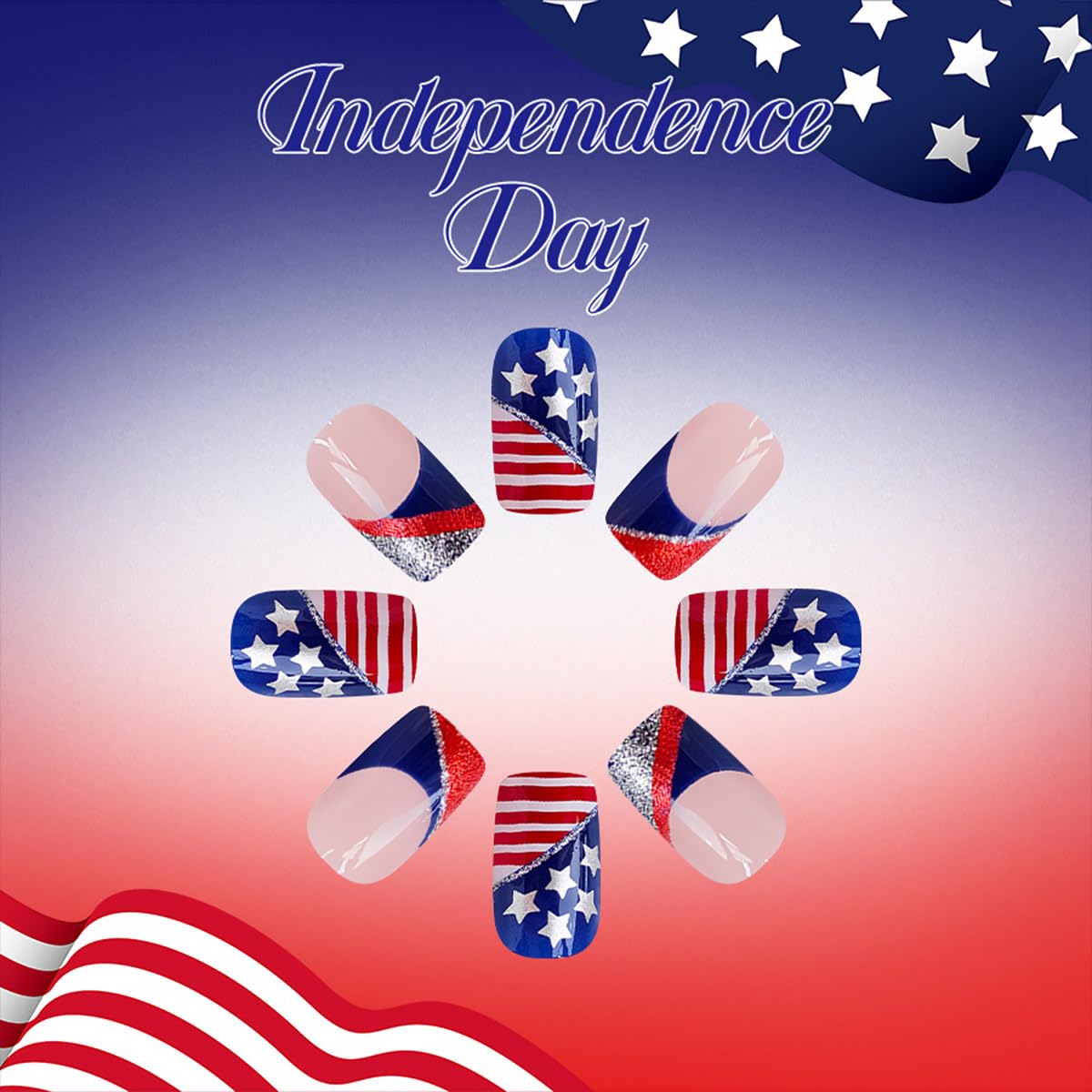 24Pcs 4th of July Press on Nails Short Square French Tip Fake Nails with Red Silver Glitter Design American Flag Star False Nails Independence Day Glue on Nail Full Cover Stick on Nail for Women DIY