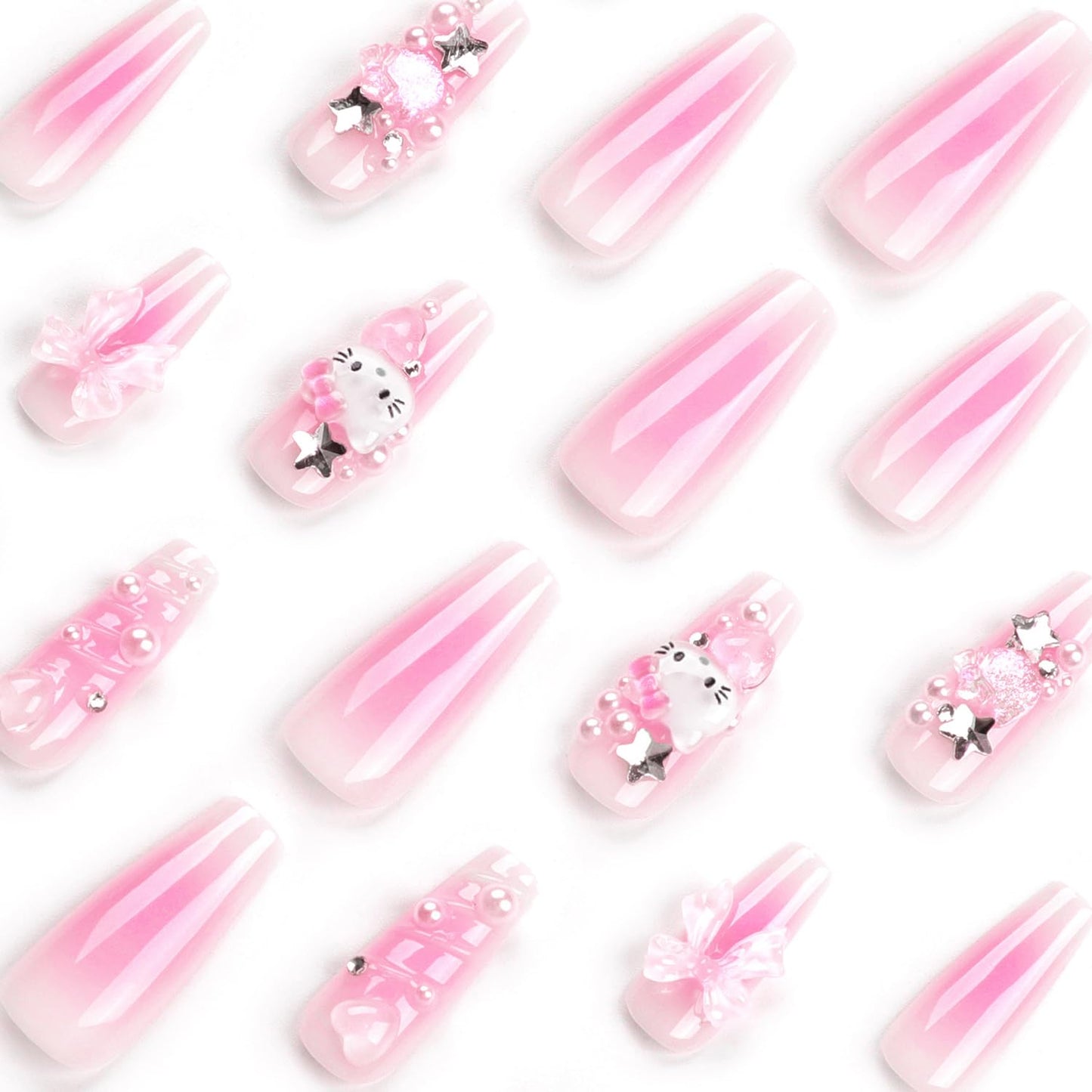 24Pcs Pink Press on Nails Long Coffin Fake Nails with Cute Rhinestones Designs 3D Bow Acrylic Nails Full Cover Cute Cartoon False Nail Set Diamond Star Bow Stick on Nails for Women