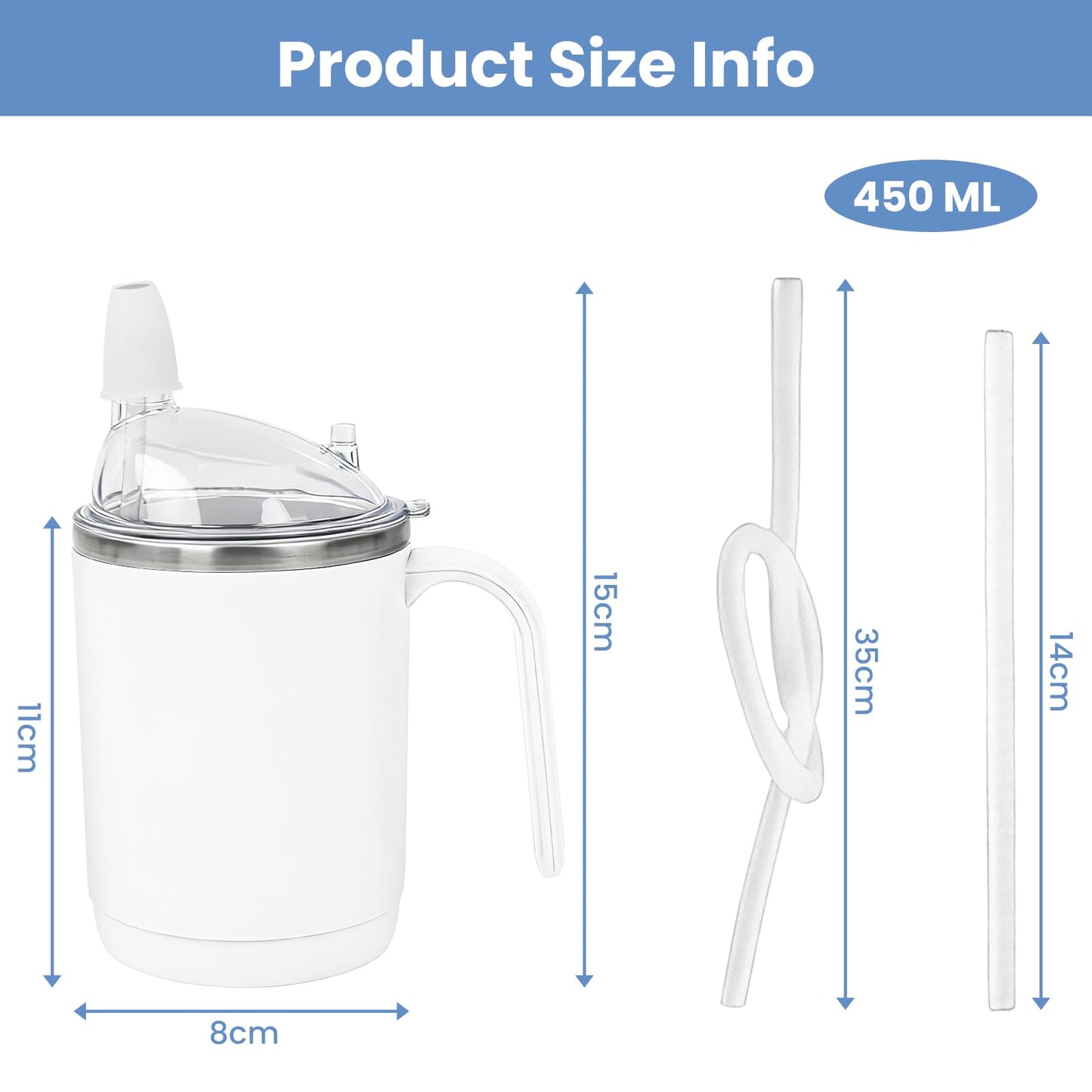 sturion Adult Drinking Cup, 15 oz Stainless Steel Drinking Cup with Handle, Spill-Resistant Lid, 3-in-1 Design with Long Straw, Easy-Hold Cup for Seniors, Home and Daily Use, White