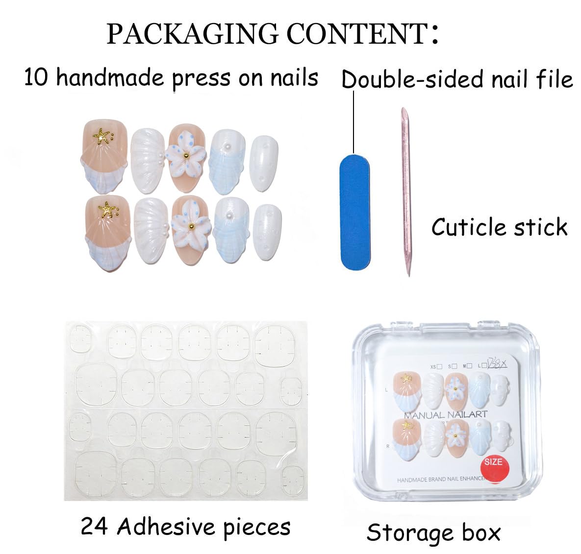10 Short Almond Handmade Press On Nails | French design with 3D Floral and Seashell | Skip Salon Trips, Easy to Apply & Remove, Reusable (251208, XS)