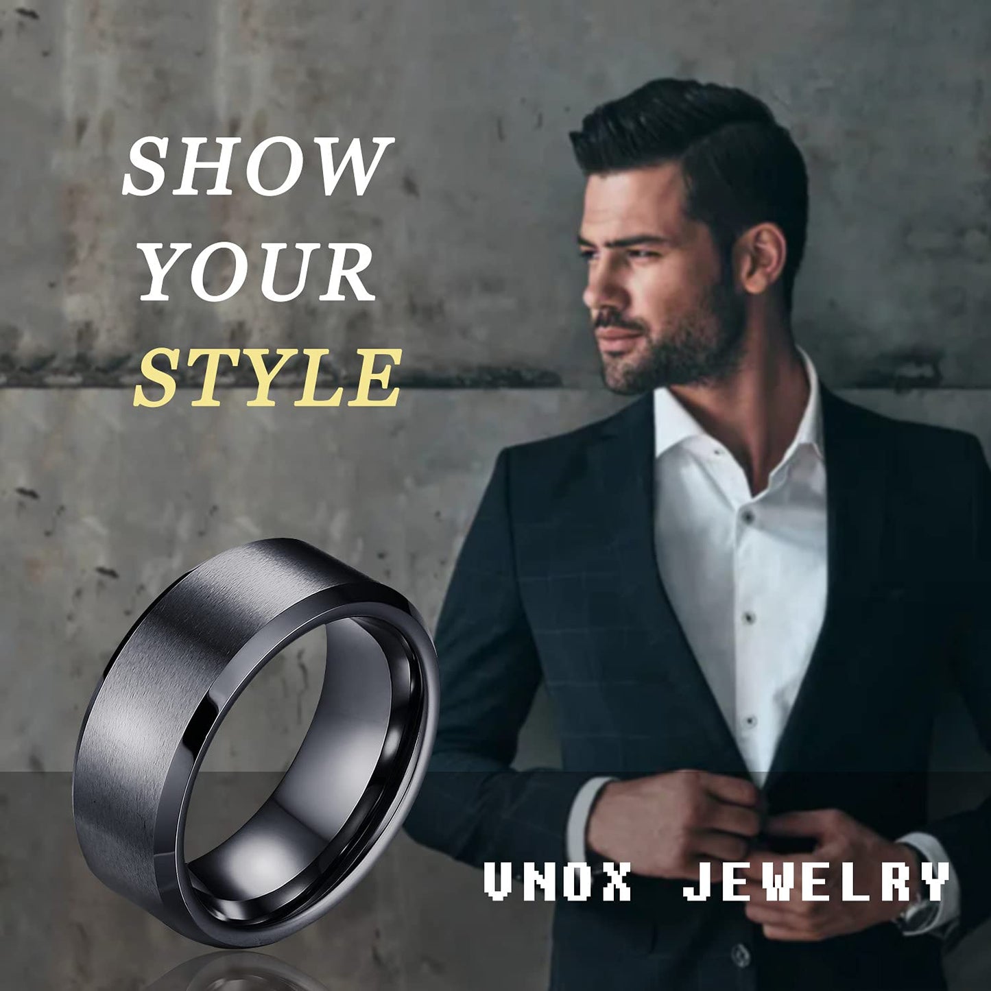 VNOX Mens 8mm Brushed Matte Tungsten Carbide Classical Simple Plain Personalized Custom Name Date Wedding Band Wedding Engagement Ring,Black,Size 8
