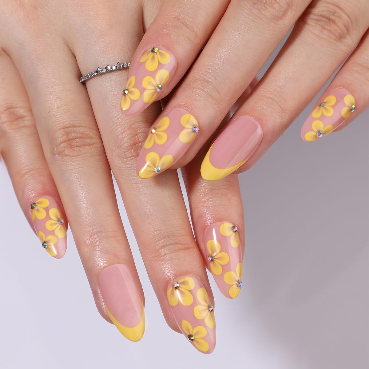 TOGZOM 30Pcs Almond Press on Nails Medium Yellow Flowers Fake Nails French Tips Nails Press ons Glossy Acrylic Nails with Rhinestone Glue on Nails Designs 15 Size for Women Manicure, Style10