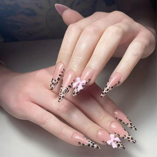 plalely Stiletto Press on Nails Long Brown Fake NailLeopard Acrylic with Pink Bow Design Stick on Nails for Women 24pcs