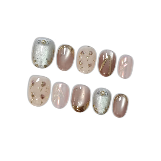 Hantyer Soft Glam Pink Cat Eye Press on Nails with Hand-Painted Tulips, Rhinestones & Gold Lines - Short Oval Glossy Fake Nails, Reusable Elegant False Nails for Women Fall Winter Party Date, Size S