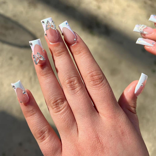 White French Tip Press on Nails Medium Square Fake Nails Press ons with Butterfly Charms Design Reusable Artificial Nails Glossy Full Cover Glue on Nails Stick on Nails for Women Manicure 24Pcs