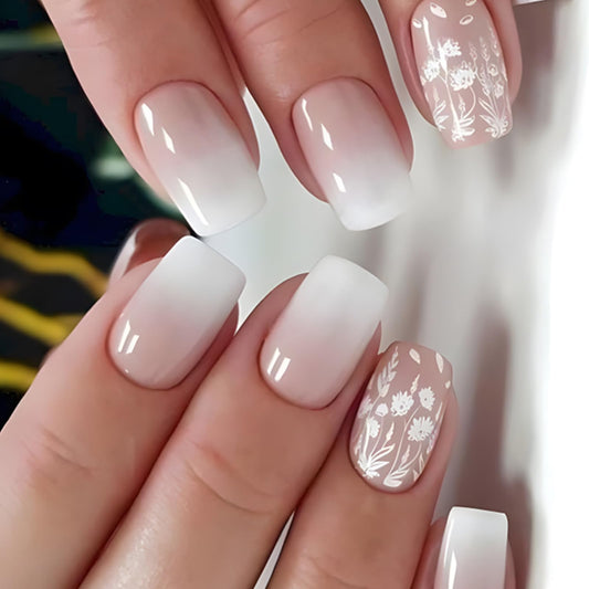 MABKJL French Fake Nails - White Gradient Square Full Cover White Floral Designs Glossy Glue on Acrylic Artificial Nails for Women Girls - 24Pcs