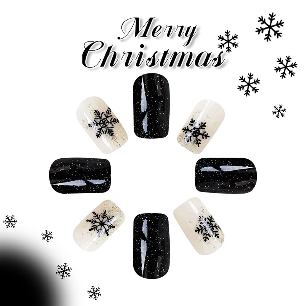 Christmas Press on Nails Short - Square Fake Nails with Black Snowflake Design - Glitter, Winter Full Cover Stick on False Nails - for Women 24 Pcs