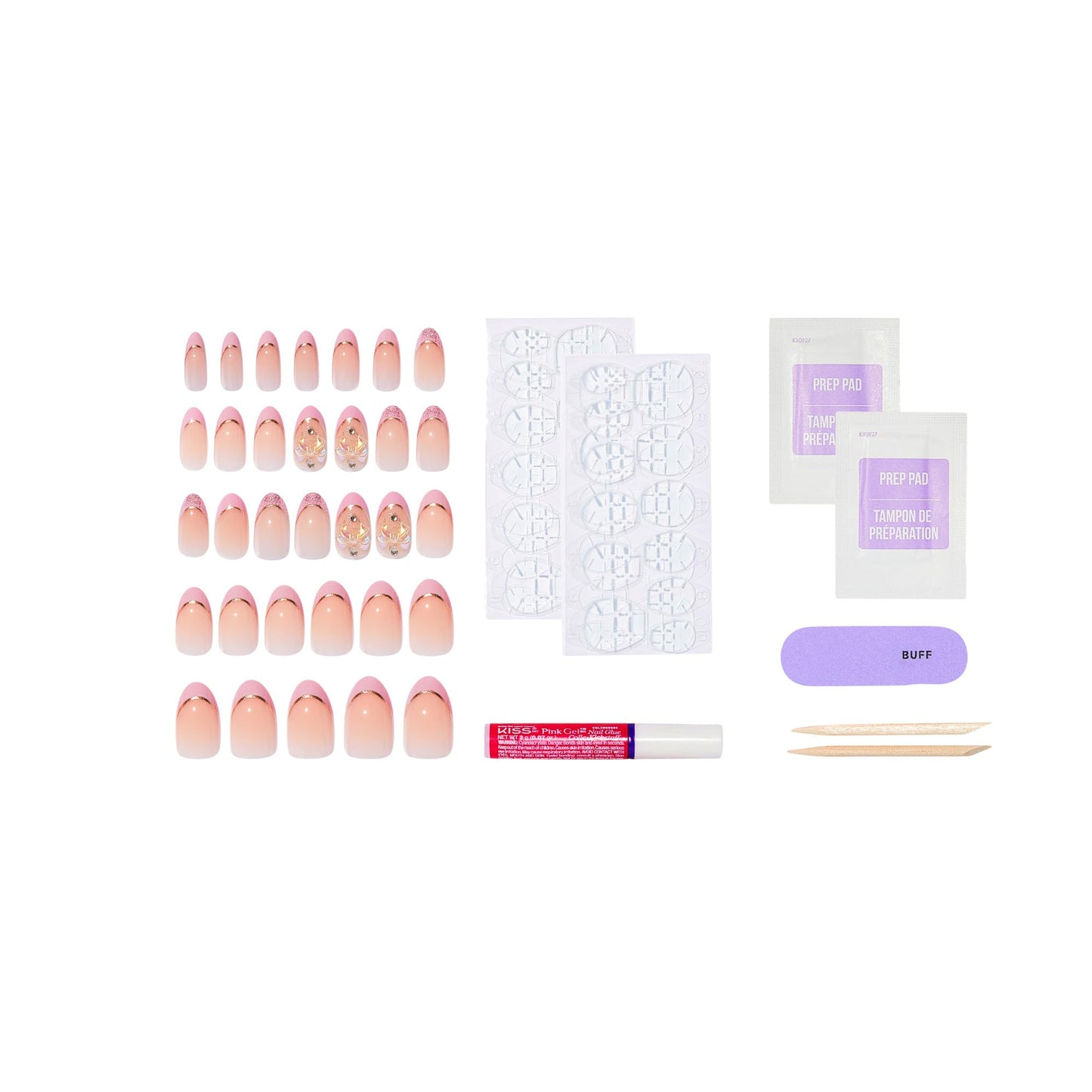 Kiss Icon, Press On Nails, Nail glue included, 'Vibrant', Pink, Medium Size, Almond Shape, Includes 32 Nails, 2g Glue, 2 Manicure Stick, 1 Mini File, 2 Prep Pads, 48 Adhesive tabs