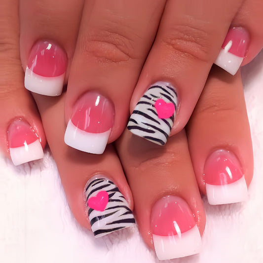 24Pcs Valentines Press on Nails Short Square Artificial Acrylic French White Tip Fake Nails Black Lines with Pink Love Full Cover Glossy Glue on Nail Heart Stick on Nail for Women Festival Manicure