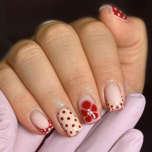 Winter Fall Press on Nails Short Square,Orange Brown Dots Fake Nails Press ons Polka Dot Glue on Nails Full Cover False Nails with Red Flower Design Stick on Nail for Women 24 Pcs