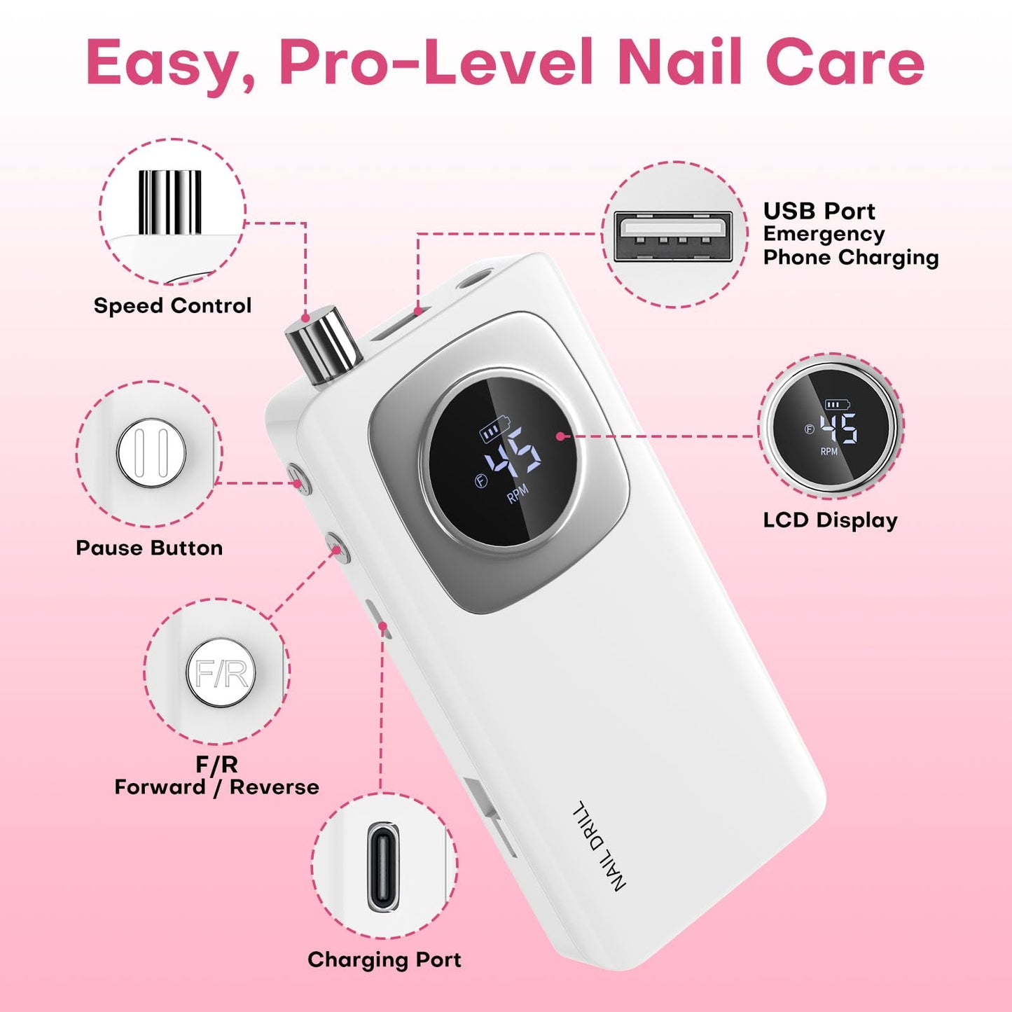 Electric Nail Drill Professional: Rechargeable Nail File with Bits for Acrylic Gel Nails, Professional Nail Drill Manicure Pedicure Polishing Shape Tools for Home Salon (White)