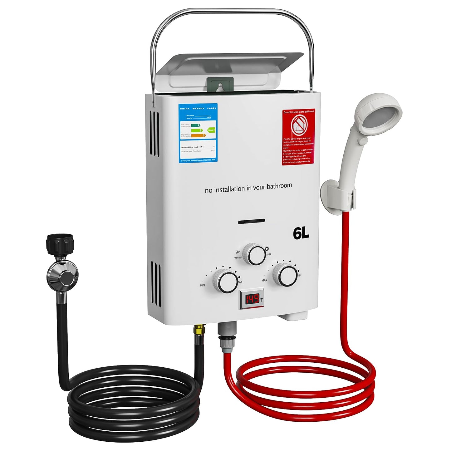 Propane Tankless Water Heater gas, 6L Portable propane shower 1.58 GPM, Outdoor Tankless Camping Water Heater for RV, Cabin, Barn, Camping, Boat, Outdoor Shower