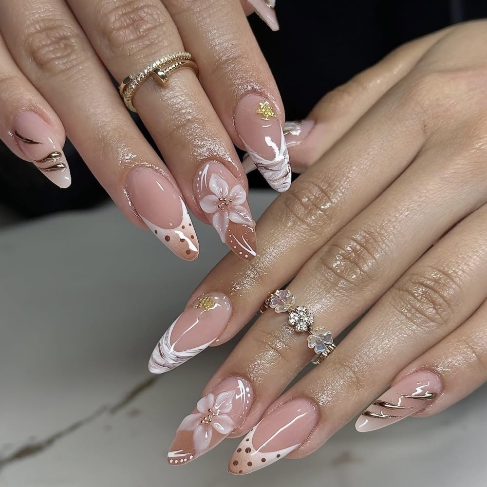 Polka Dots French Tips Press on Nails Medium Almond Nails Press on with 5D Flower Charm Design Glossy Marble Glue on Nails Gold Gilding Fake Nail Fall Winter Brown Nail for Women Manicure 24Pcs