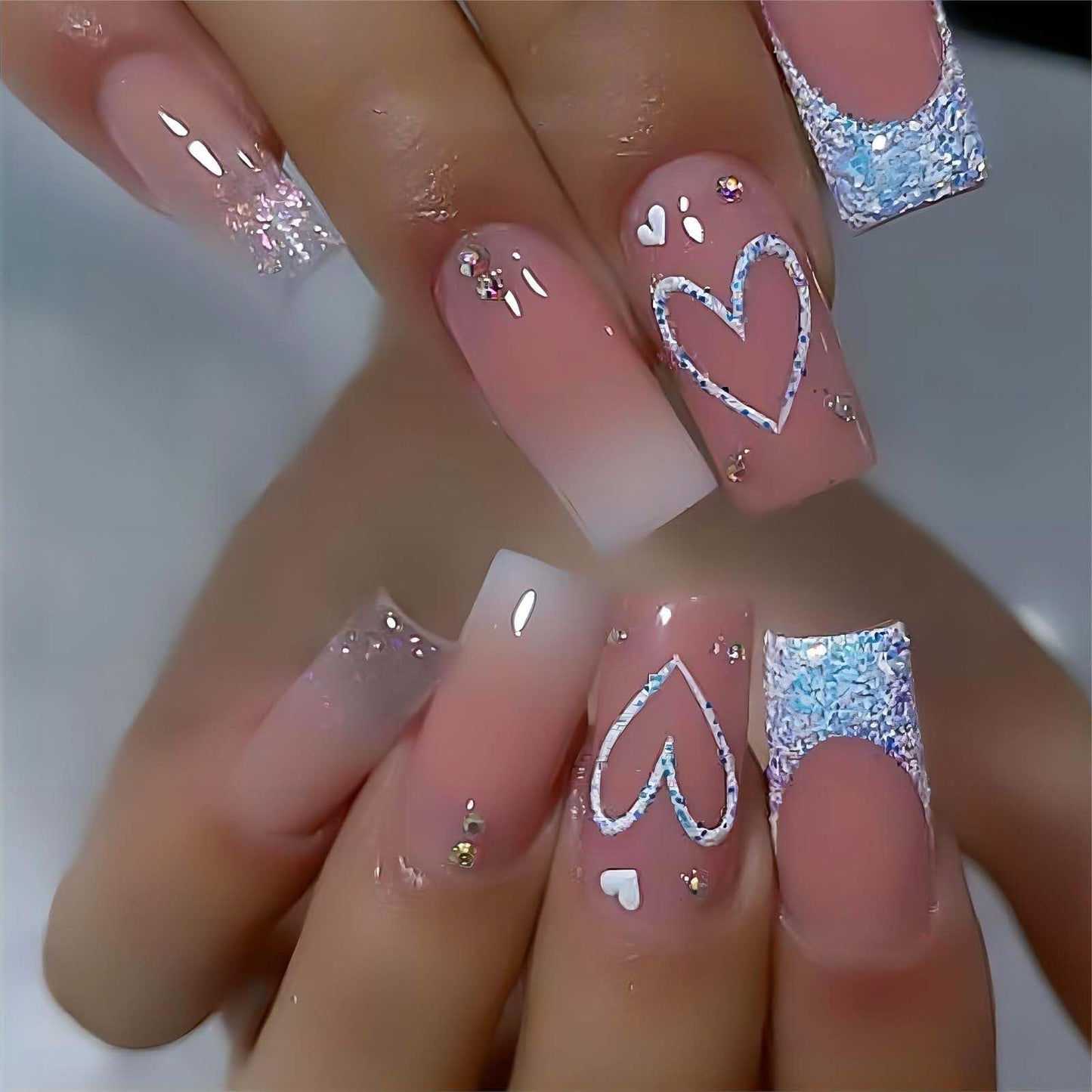 RUOKEXIN Heart Press On Nails Medium Square Fake Nails Glitter Glossy Acrylic False Nails with Rhinestones Designs Ombre Pink Full Cover Press Ons Fall Winter Holiday Stick on Nails for Women 24Pcs