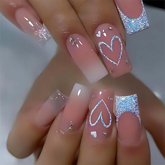 RUOKEXIN Heart Press On Nails Medium Square Fake Nails Glitter Glossy Acrylic False Nails with Rhinestones Designs Ombre Pink Full Cover Press Ons Fall Winter Holiday Stick on Nails for Women 24Pcs