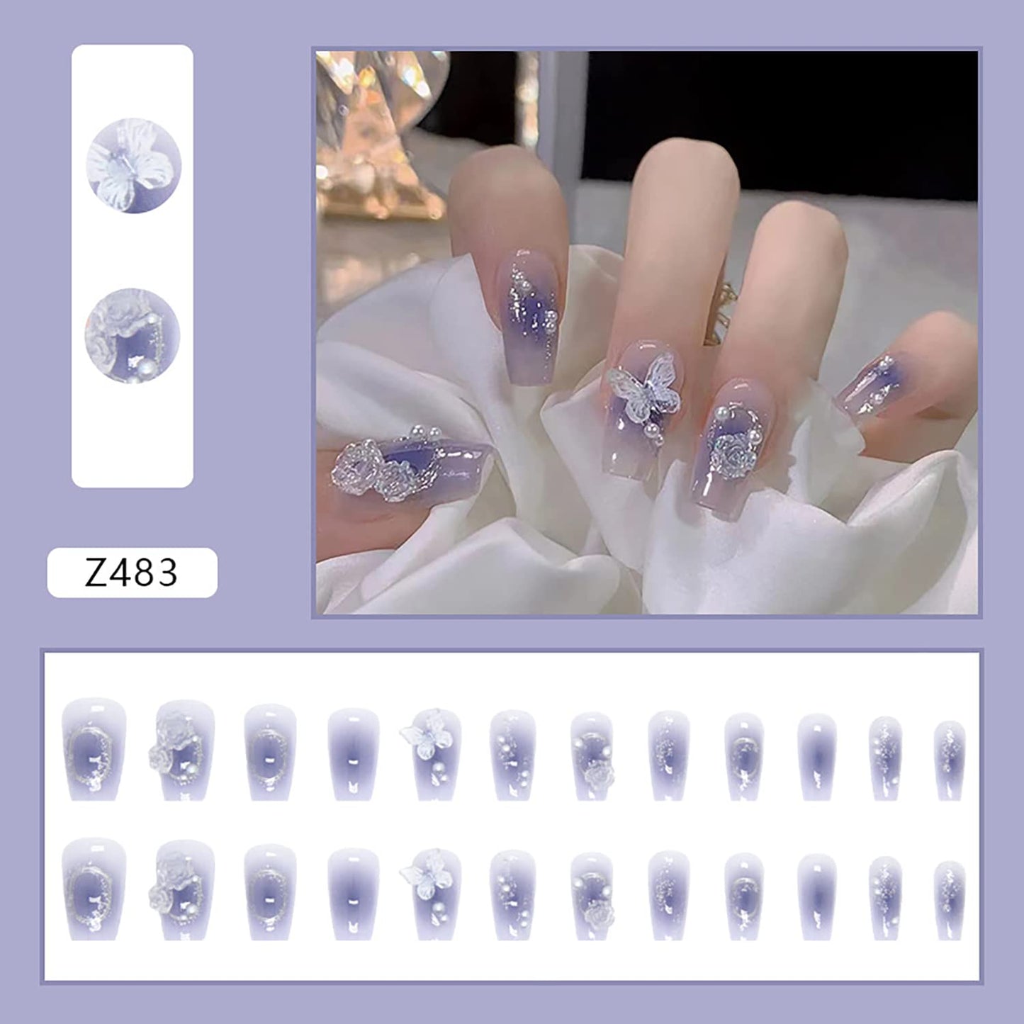 Press on Nails Square Medium Length, Artificial Acrylic Fake Nails with Butterfly Flowers Designs, 24Pcs Full Cover Reusable Coffin False Nails Set, Women Glue on Nails, Stick on Nails for Nail Art