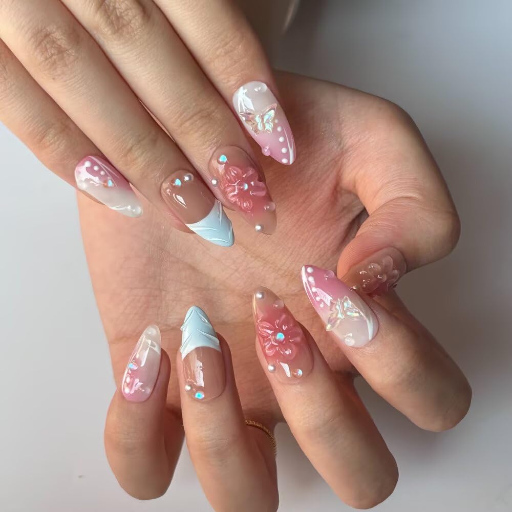 Handmade Press on Nails Medium Almond Fake Nails Blue French Tip with 3D Pearl Design Stick on Nails Pink Artificial Nail Full Cover Glue on Nails for Women DIY 10 Pcs (Size S）