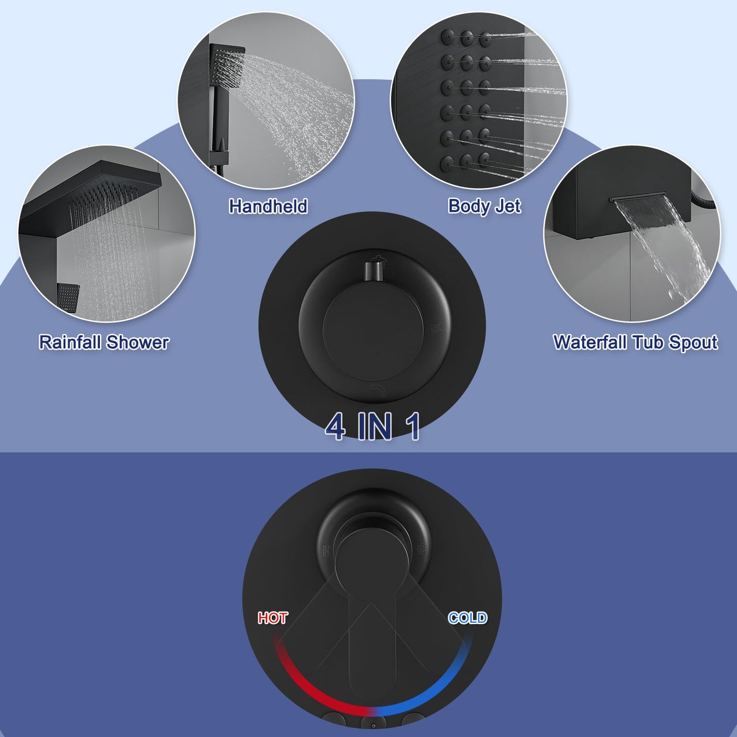 ROVATE Shower Panel Tower System with Rainfall Shower Head, Elegant Matte Black Shower Tower with Powerful Body Jets, Handheld Shower and Tub Spout, Stainless Steel Shower Column Black High Pressure