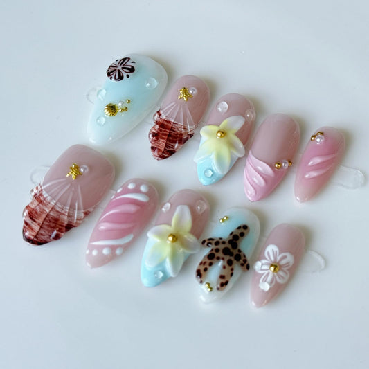 Haozerart Cute Beach Handmade Press On Nails Medium Almond French Fake Nails, with 3D Flower Raised Shell Accents, Reusable Acrylic Nails 10Pcs for Women (M Size)