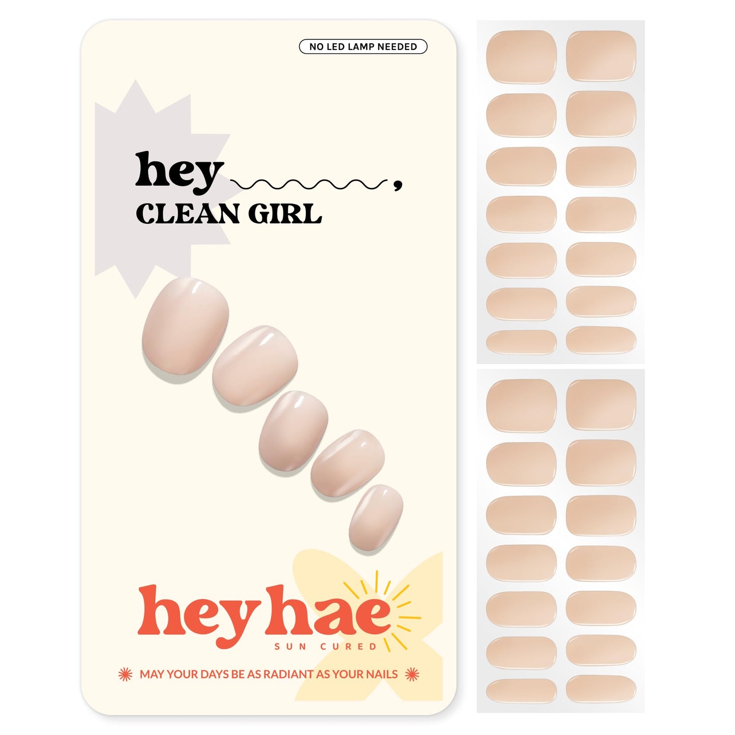 Heyhae Semi Cured Gel Nail Strips | Spring Nails No LED Lamp Needed Easy Apply & Remove | Includes 28 Strips, 1 Prep Pad, 1 Nail File & 1 Wooden Stick - Hey, Clean Girl
