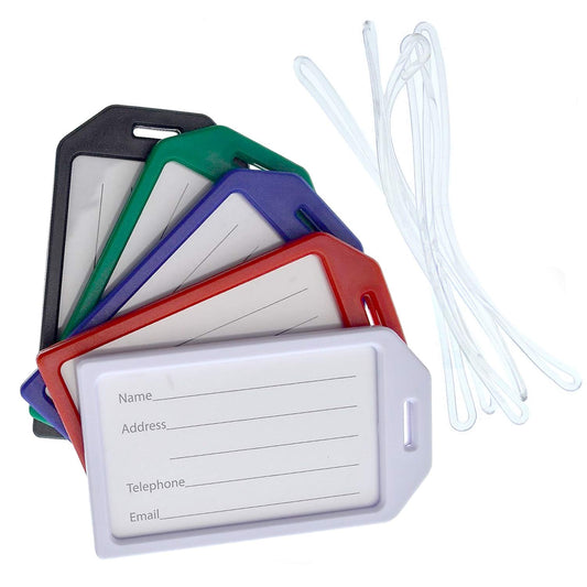 5 Pack - Premium Rigid Airline Luggage Tag Holders with 6" Worm Loops - Heavy Duty Hard Plastic -Suitcase ID Tag Identifiers with Business Card Insert Window by Specialist ID (Assorted Colors)
