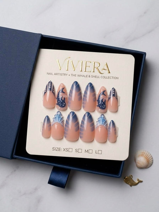 Viviera Press-On Nails, Whale & Shell Collection, Almond Shape, Nude, Ocean-Inspired, 12 Handmade Nails with Manicure Kit