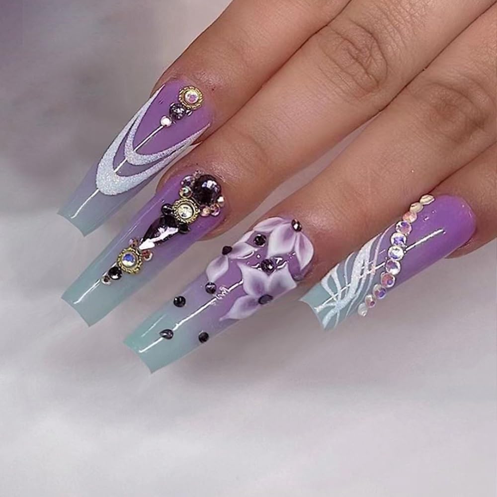 CTTHNBD Press-On Coffin Purple Ombre False Nails with Flower Design - Glue-On Ballerina Acrylic Rhinestone Full Cover Stick-On Artificial Nails - 24Pcs