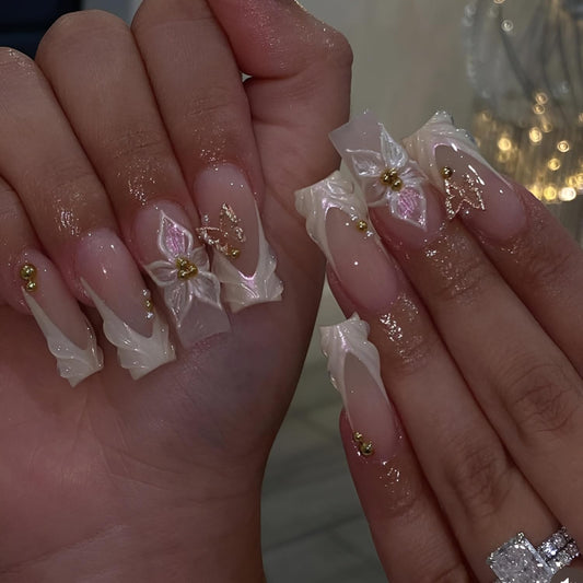 French Tip Fake Nails Medium Square Press on Nails Flower Glue on Nail Butterfly Glue on Nail with Rhinestones Design Glossy False Nails White Stick on Nail for Women Decorations Set 24Pcs