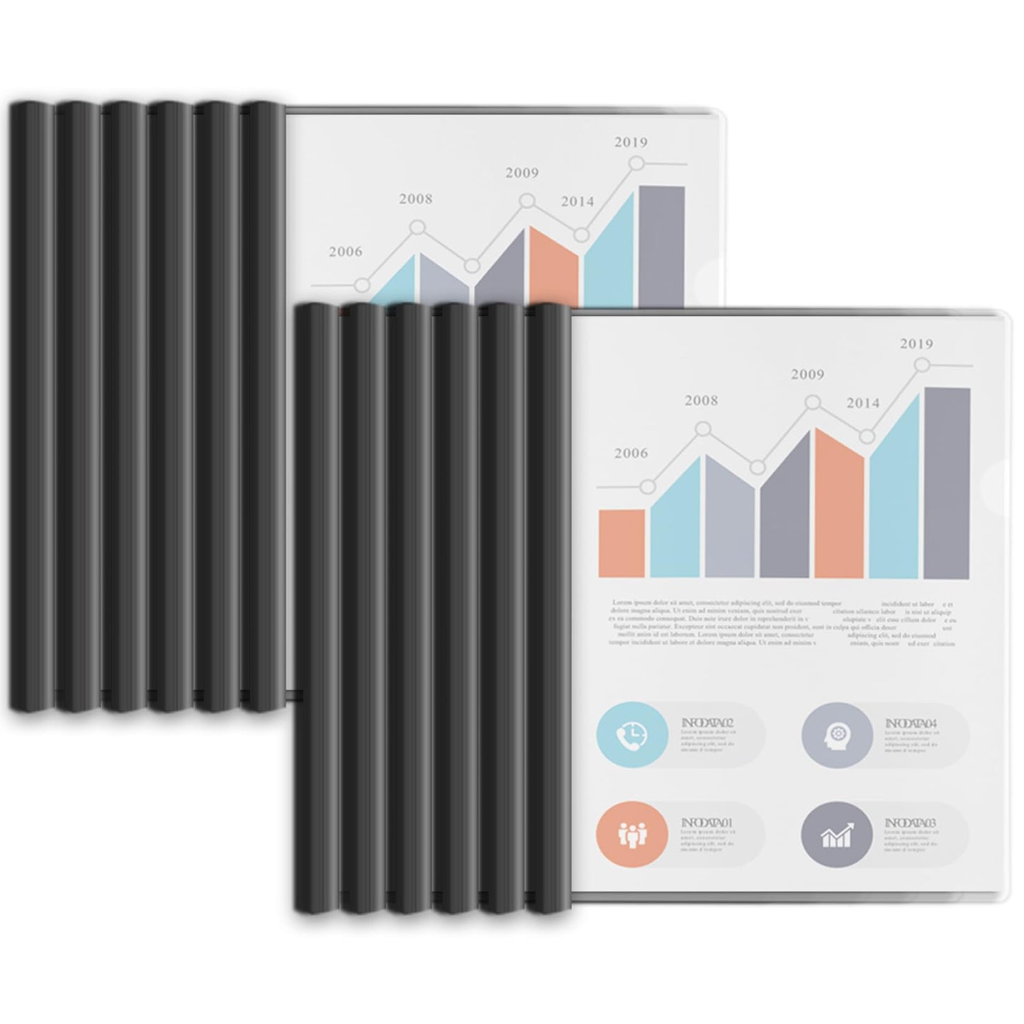 Binditek 12 Pack Heavyduty Clear Report Covers with Sliding Bars, 110 Sheet Capacity, 15mm Sliding Bar File Folder, Letter Size, 8 Mil Thick, Black, for Students and Coworkers