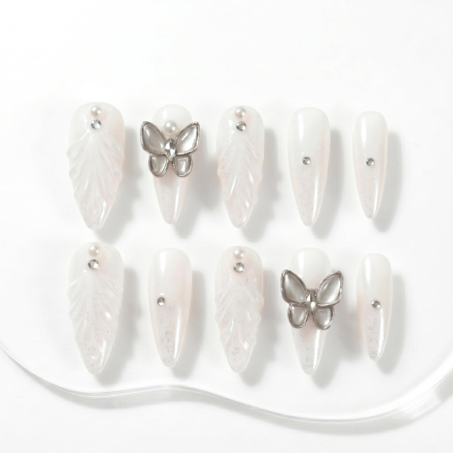 Sun&Beam Nails Handmade Press On Nails Long Stiletto Silver Glitter Butterfly Pearl Shimmer 10 Pieces for Everyday Wear and Special Occasions (#020 M)