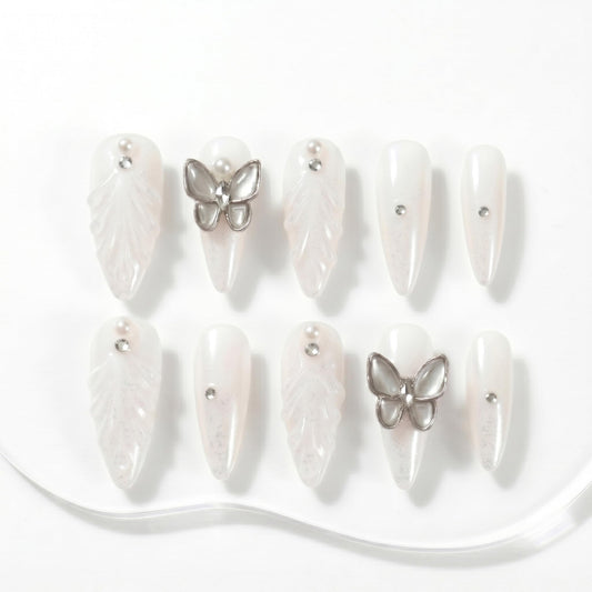 Sun&Beam Nails Handmade Press On Nails Long Stiletto Silver Glitter Butterfly Pearl Shimmer 10 Pieces for Everyday Wear and Special Occasions (#020 M)