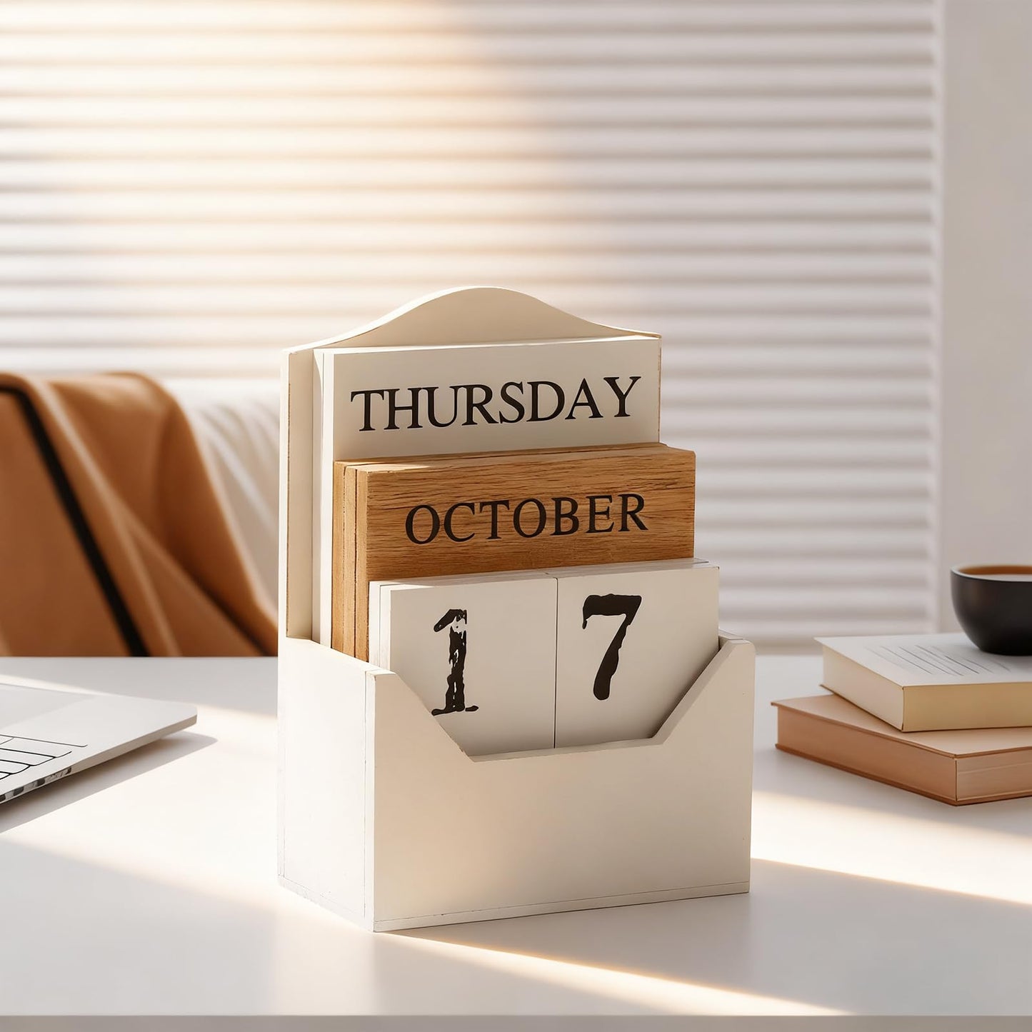 Perpetual Calendar Wooden Blocks Calendar for Home Office Desk Date Week Month Accessories (Vintage White Calendar)