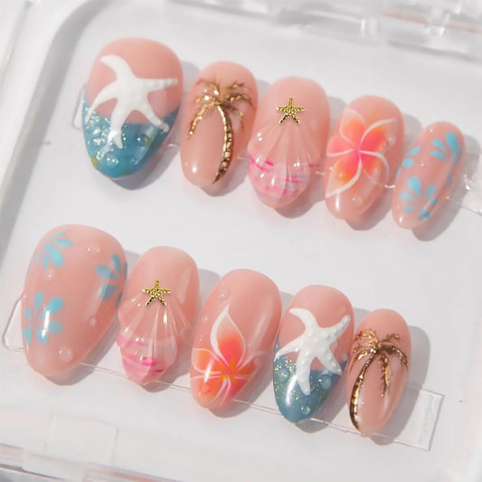 30Pcs Summer Press on Nails Medium Almond Fake Nails with Gilding Coconut Tree Design Blue Glitter French Tip False Nails Starfish Artificial Stick on Nails Full Cover Glue on Nail for Women Manicure